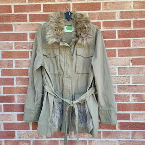 Anthropologie Faux Fur-Trimmed Field Parka Olive Green Jacket Women’s Large